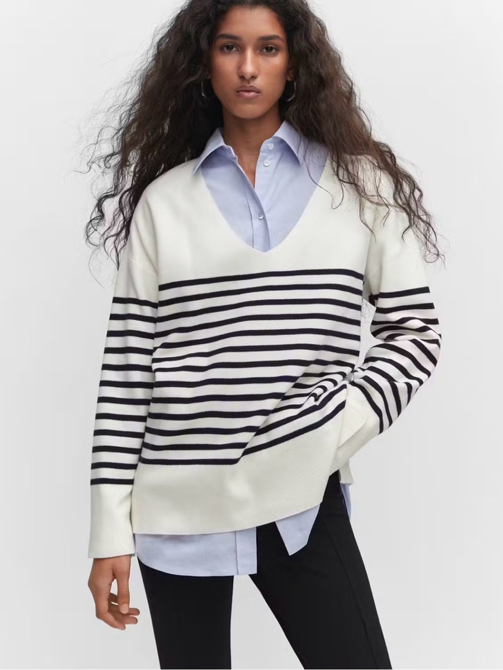 Mango White V-Neck Sweater with Black Stripes